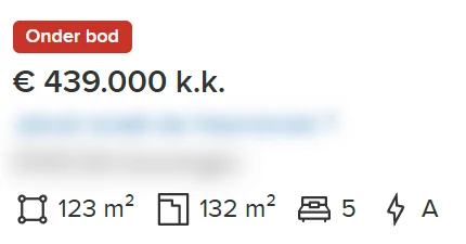 Funda-zoekresultaat met het rode label Onder bod boven de vraagprijs.
