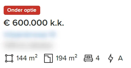 Funda-zoekresultaat met het rode label Onder optie boven de vraagprijs.
