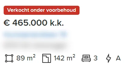 Funda-zoekresultaat met het rode label Verkocht onder voorbehoud boven de vraagprijs.