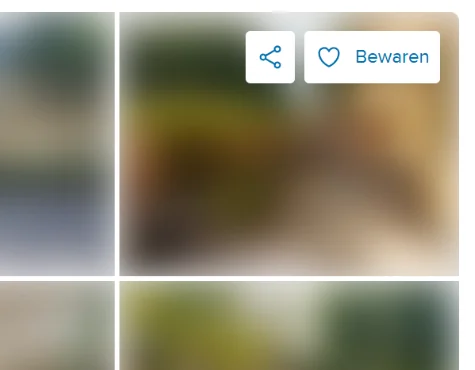 Funda-woningpagina, rechtsboven bij de foto's: de knoppen Delen en Bewaren.