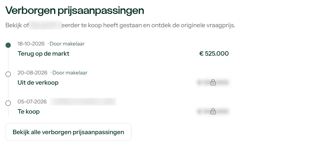 Huispedia, Verborgen prijsaanpassingen: 18-10-2026 terug op de markt voor 525.000 euro, 20-08-2026 uit de verkoop en 05-07-2026 te koop, de laatste twee met een afgeschermde prijs en een slotje.